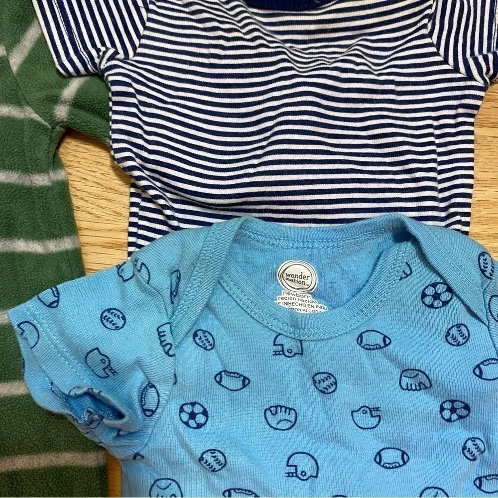 Newborn Boys Onesie Footed Pajama Bundle Little Brother Green Sports Blue